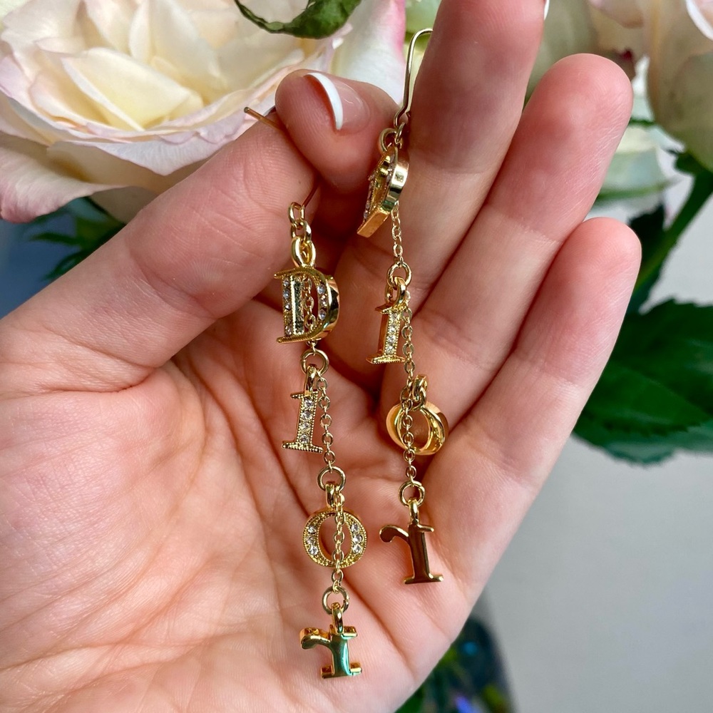 Dior Gold Drop Dangle Earrings Swarovski Crystal